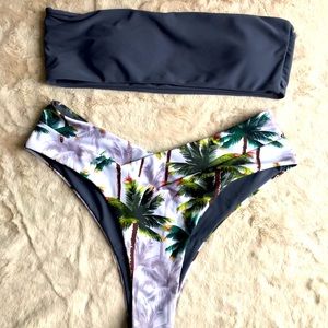 Womens Small Slate Grey and tropical paired Bandeau Bikini